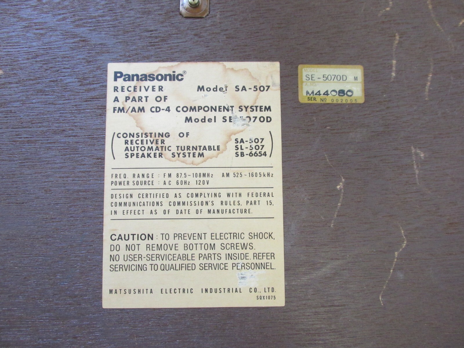 Panasonic AM/FM Reciever/Amp CD-4 SA 507 Mic /Guitar Inputs 4 -Channel