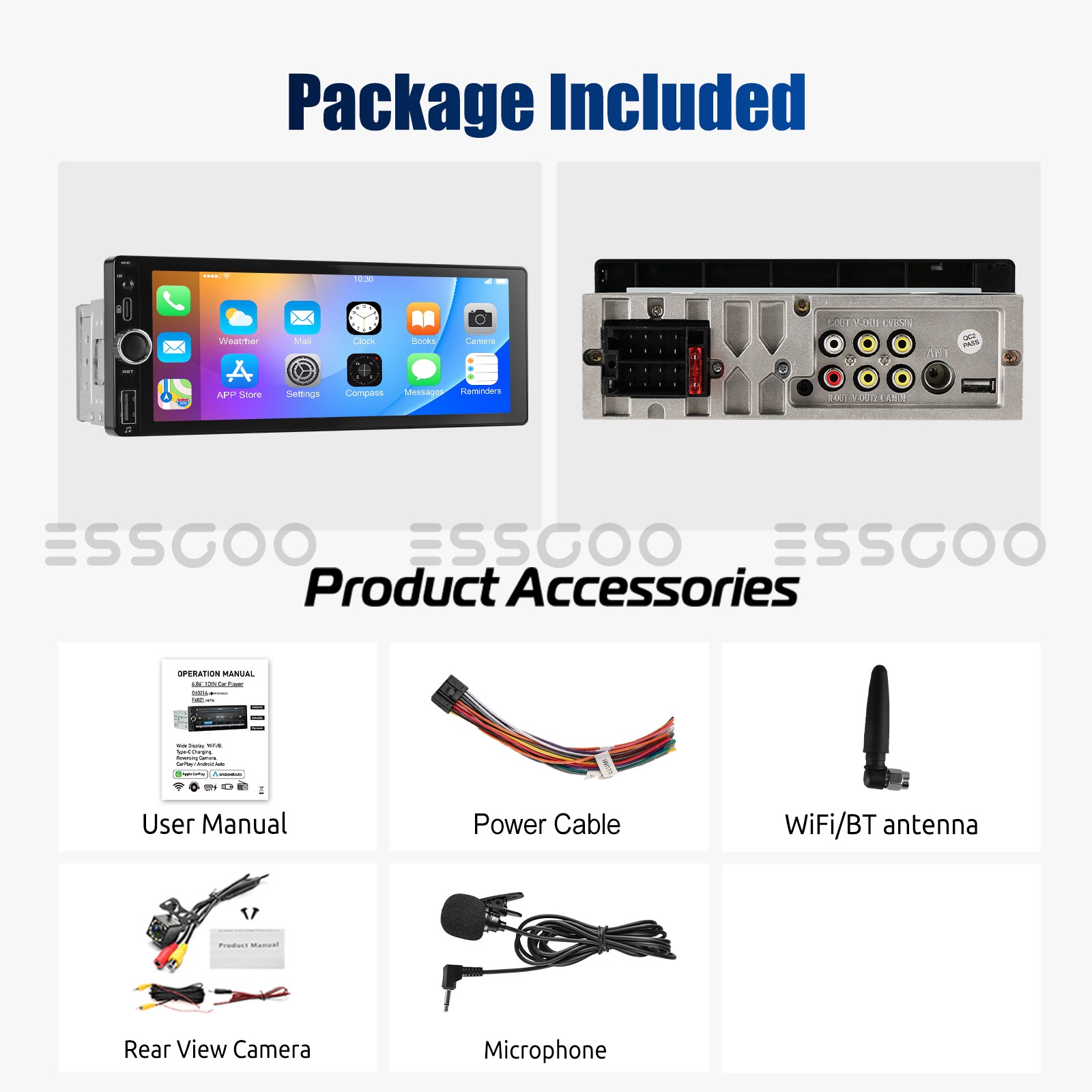 Single Din Car Stereo Radio 6.8″ Touch Screen Bluetooth CarPlay USB +MIC&Camera
