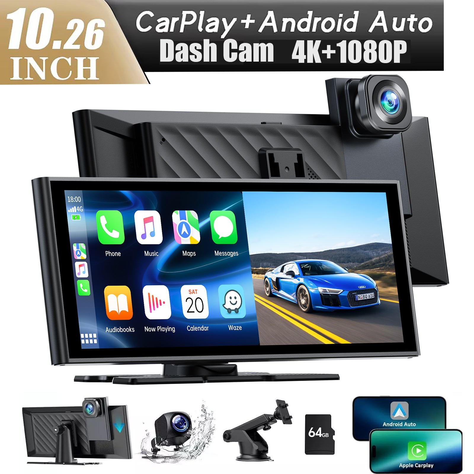 4K+1080P Dash Cam 10.26″Car Stereo Radio Wireless Apple Carplay&Android Auto GPS