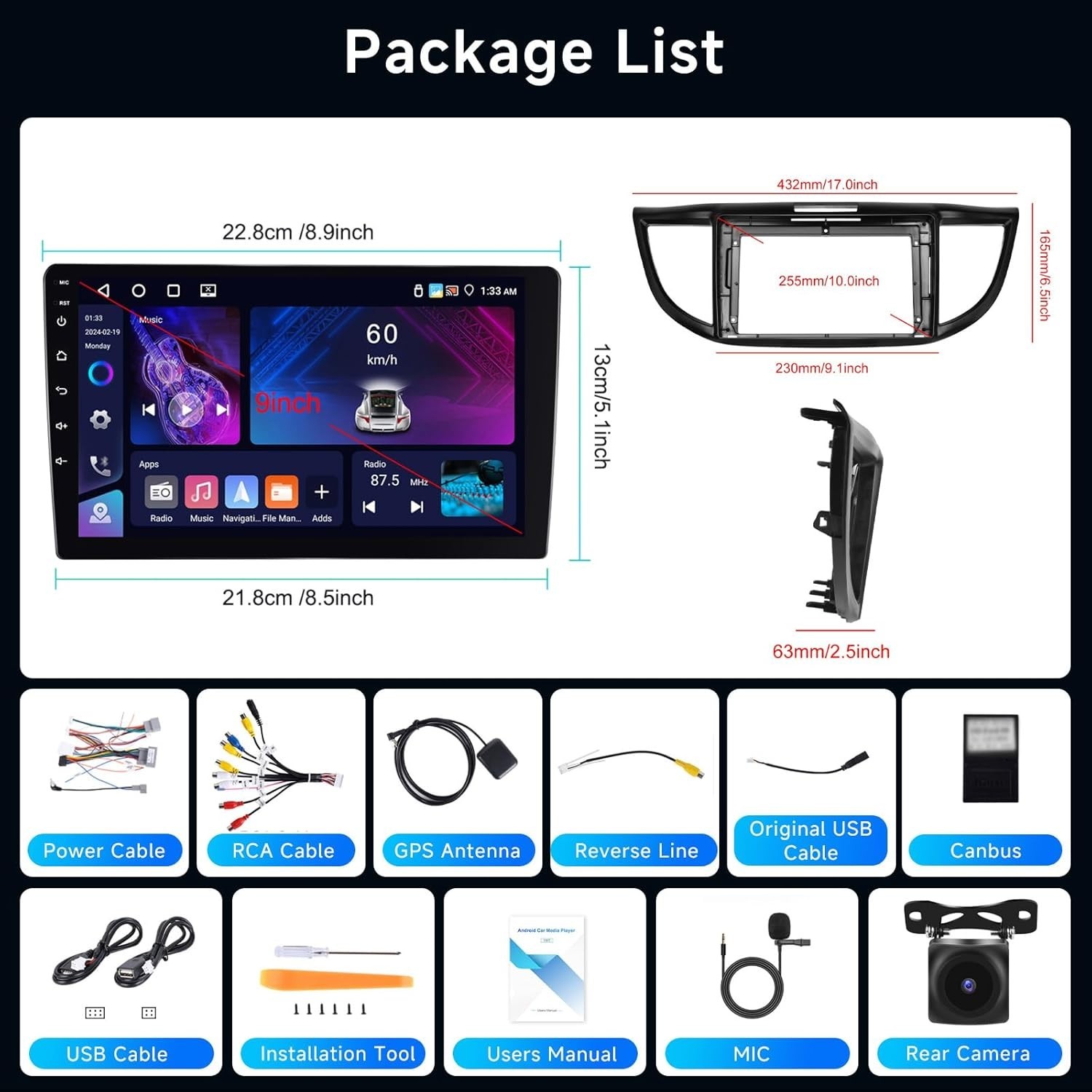 8 CORE 4G+64G Car Radio Honda CRV 12-16 Carplay/Android Auto 9″” Touch Screen B