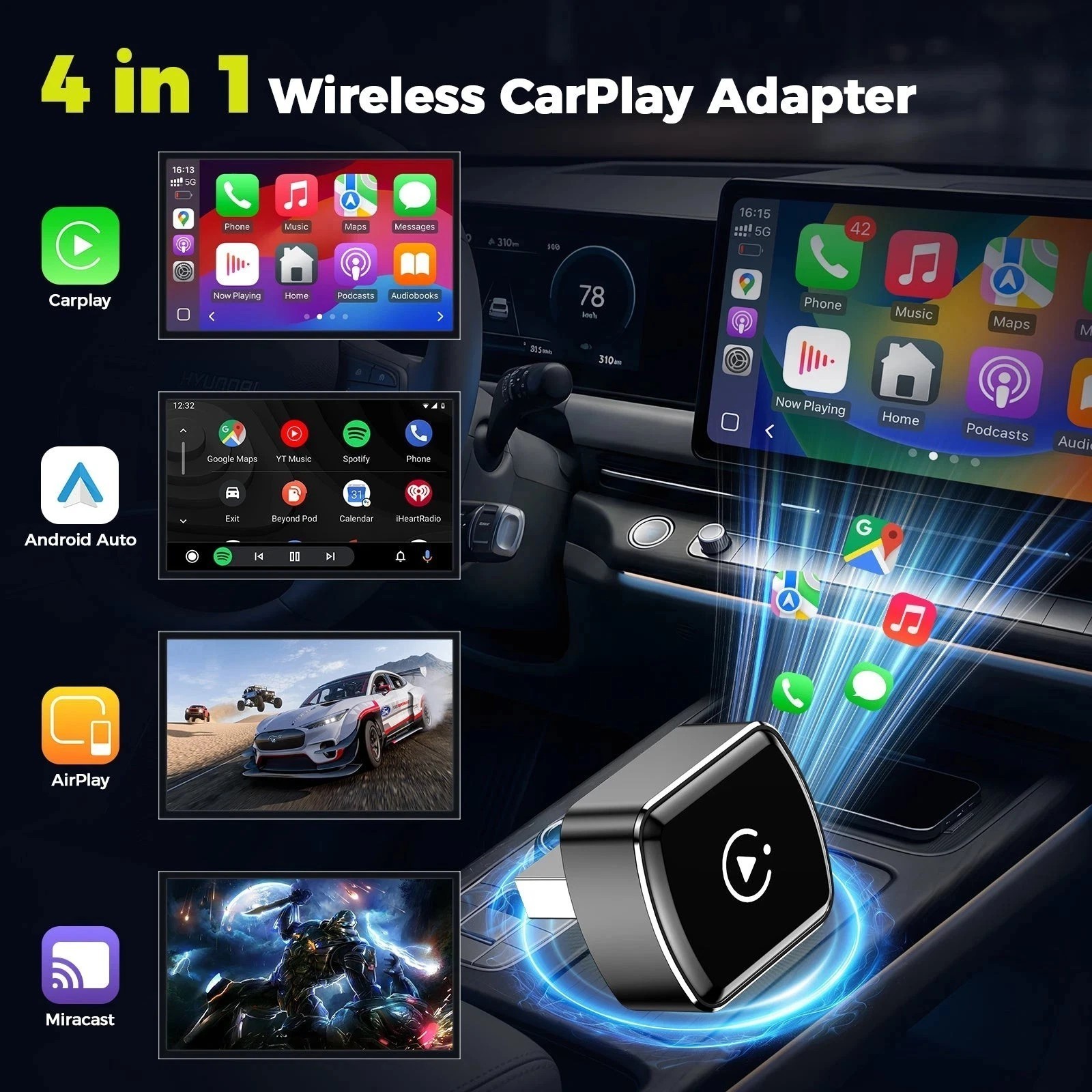 4 IN 1 Wireless CarPlay Android Auto USB Dongle Mirror Link Adapter Plug & Play