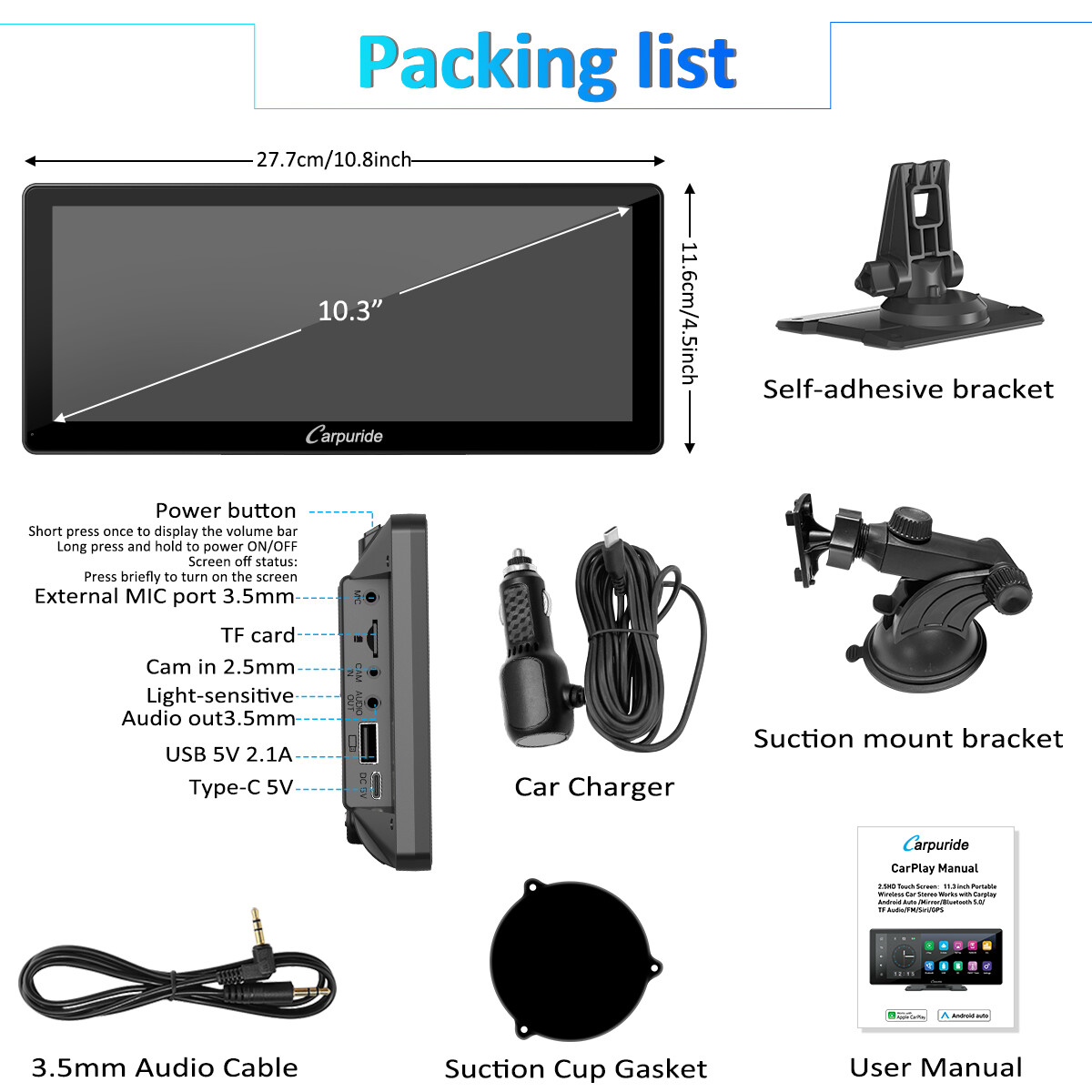 CARPURIDE W103Pro Dual Bluetooth Multimedia Portable Apple Carplay Android Auto