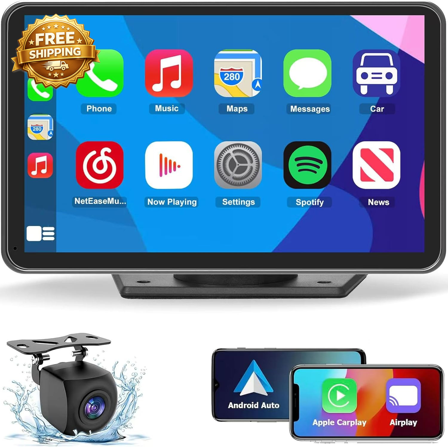 Wireless Screen for Car 7″ Portable Stereo Touchscreen with Apple Android Auto
