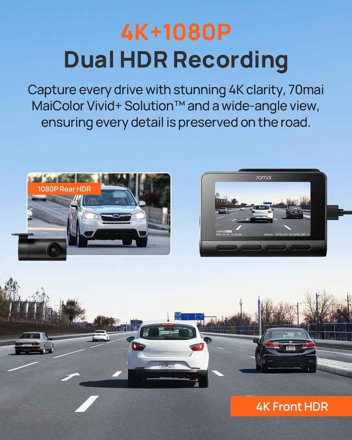 70mai A810 4K Dual Dash Cam Front/Rear, Starvis 2 HDR Night Vision, GPS, WiFi