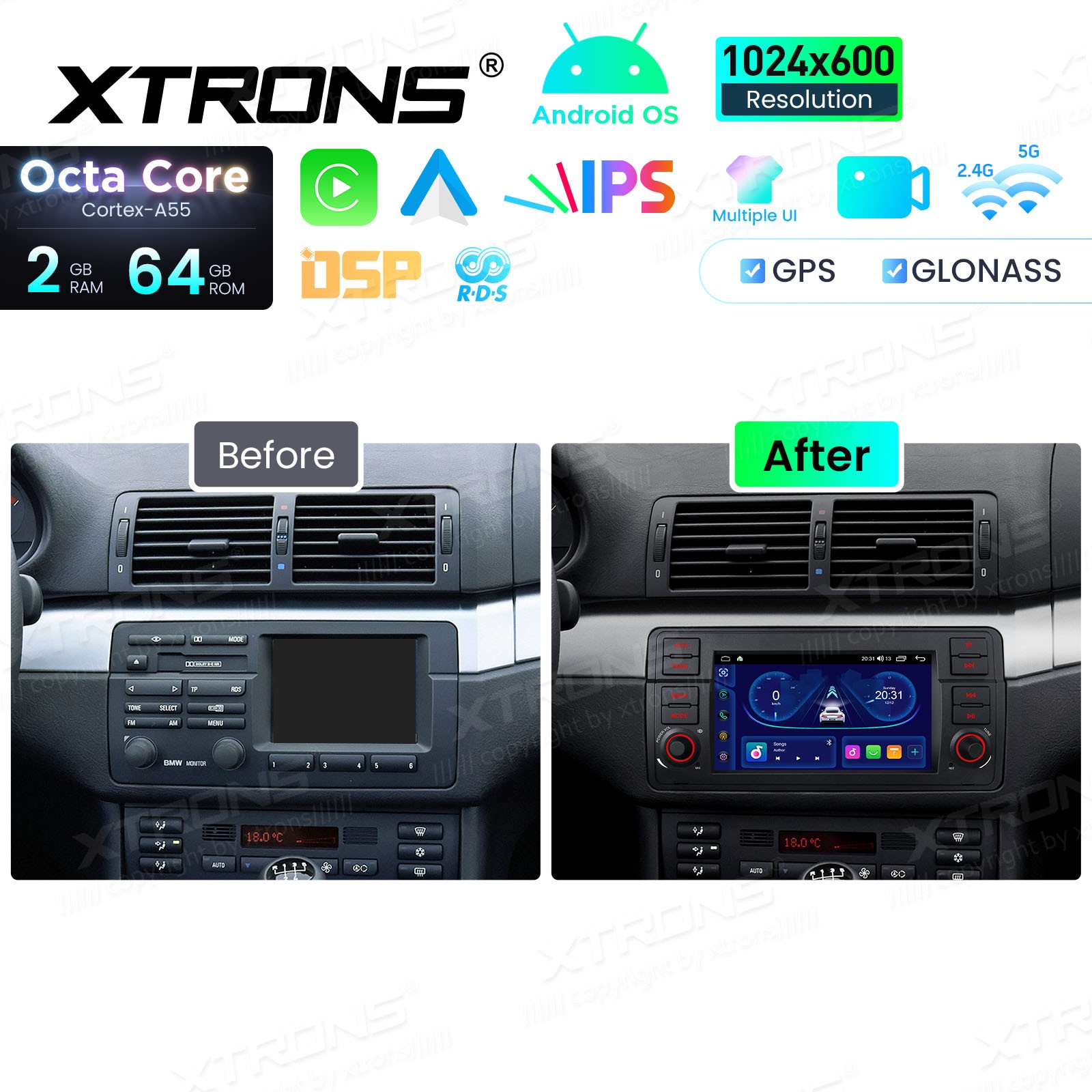 for BMW E46 325i 330i Android 14 Car Radio 7″ IPS Octa Core Wireless CarPlay 64G