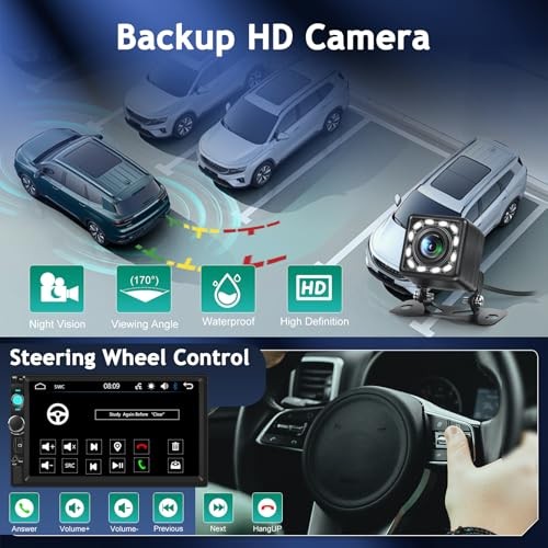 7 inch Double Din Car Stereo with Backup Wired Mirror Link + Bluetooth 5.0