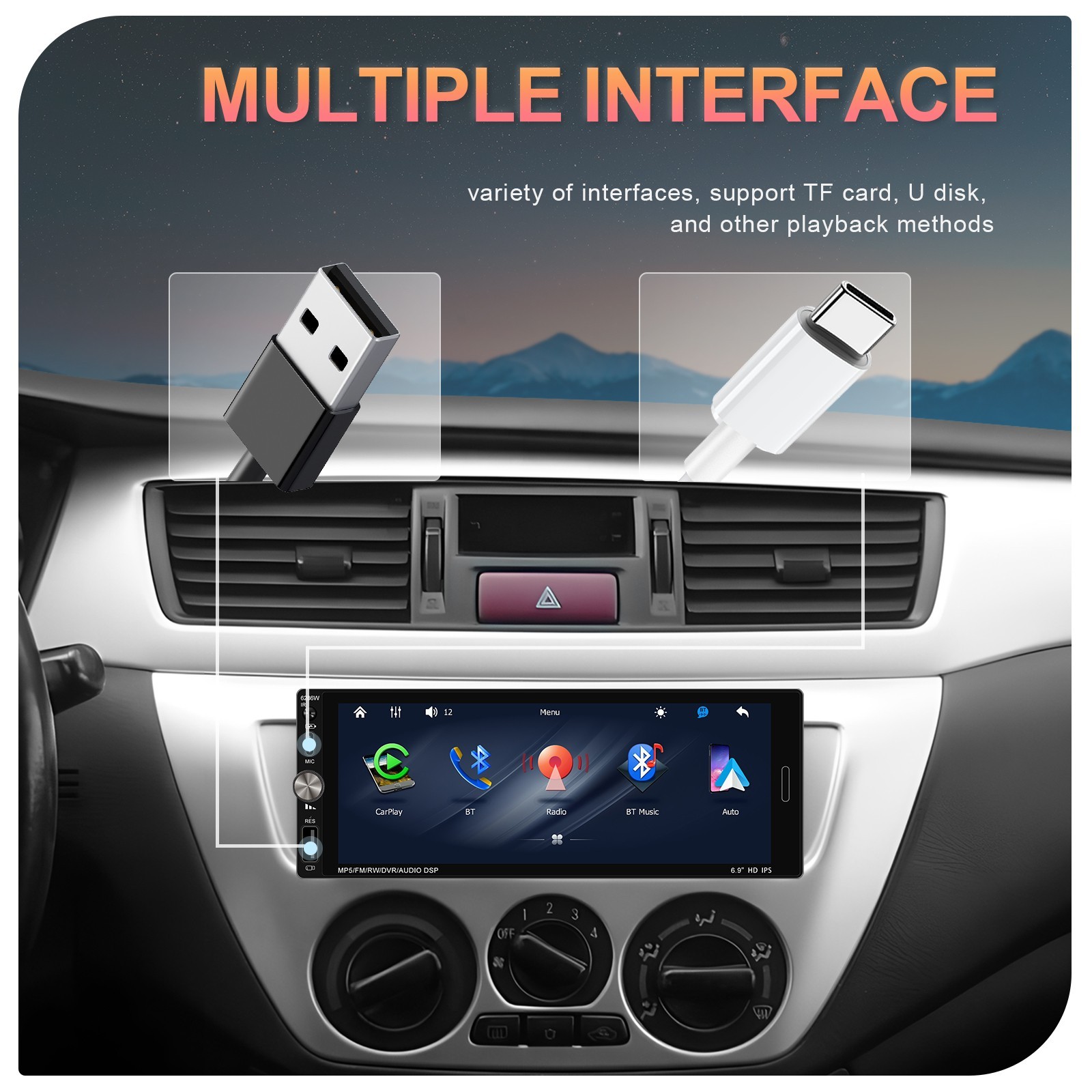 Single 1 Din Car Stereo Wireless CarPlay 6.8″ Touchscreen Bluetooth Radio FM USB