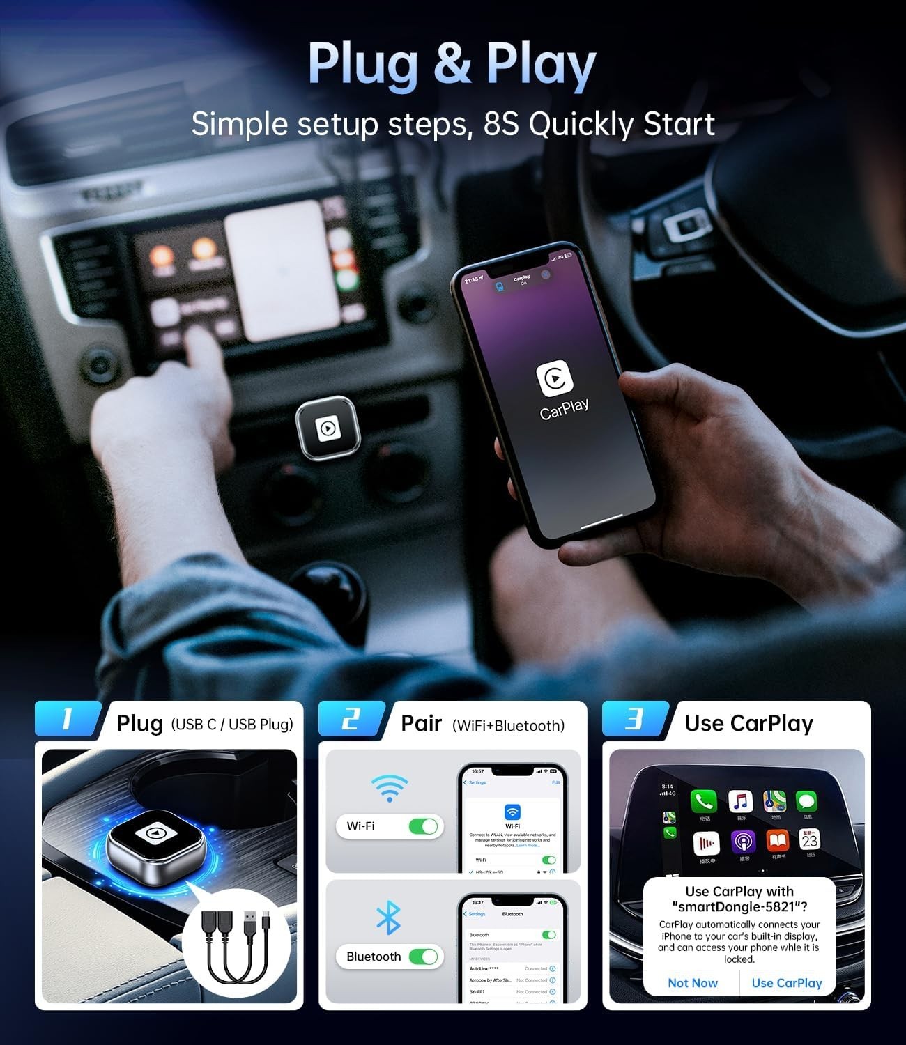 Wireless Carplay Adapter ,Wired CarPlay to Wireless,Mini USB Design for Car Play