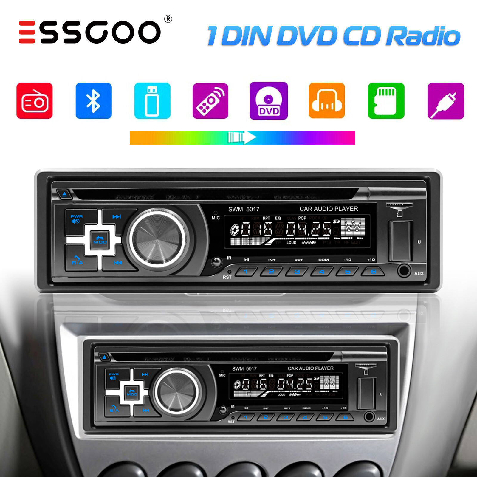Single DIN Car Stereo Bluetooth FM Radio CD DVD Player USB SD AUX Audio Receiver