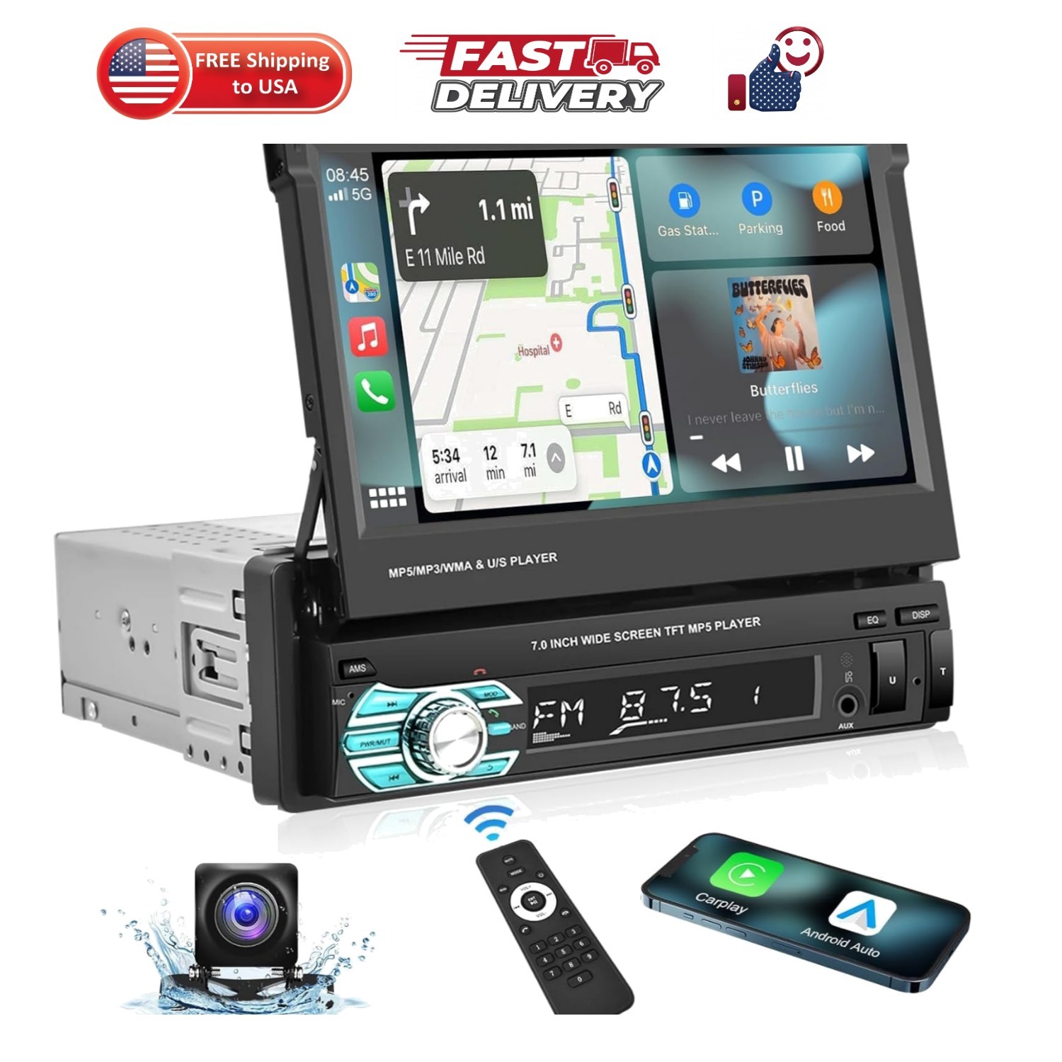 Single Din Carplay Car Stereo with Bluetooth AHD Backup Camera, 7 Inch flip O…