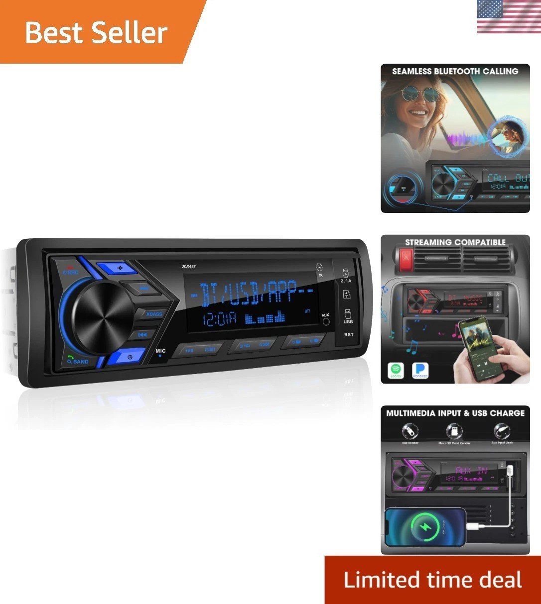 Single Din Car Stereo Bluetooth 300W Receiver – HD LCD & Fast USB Charging