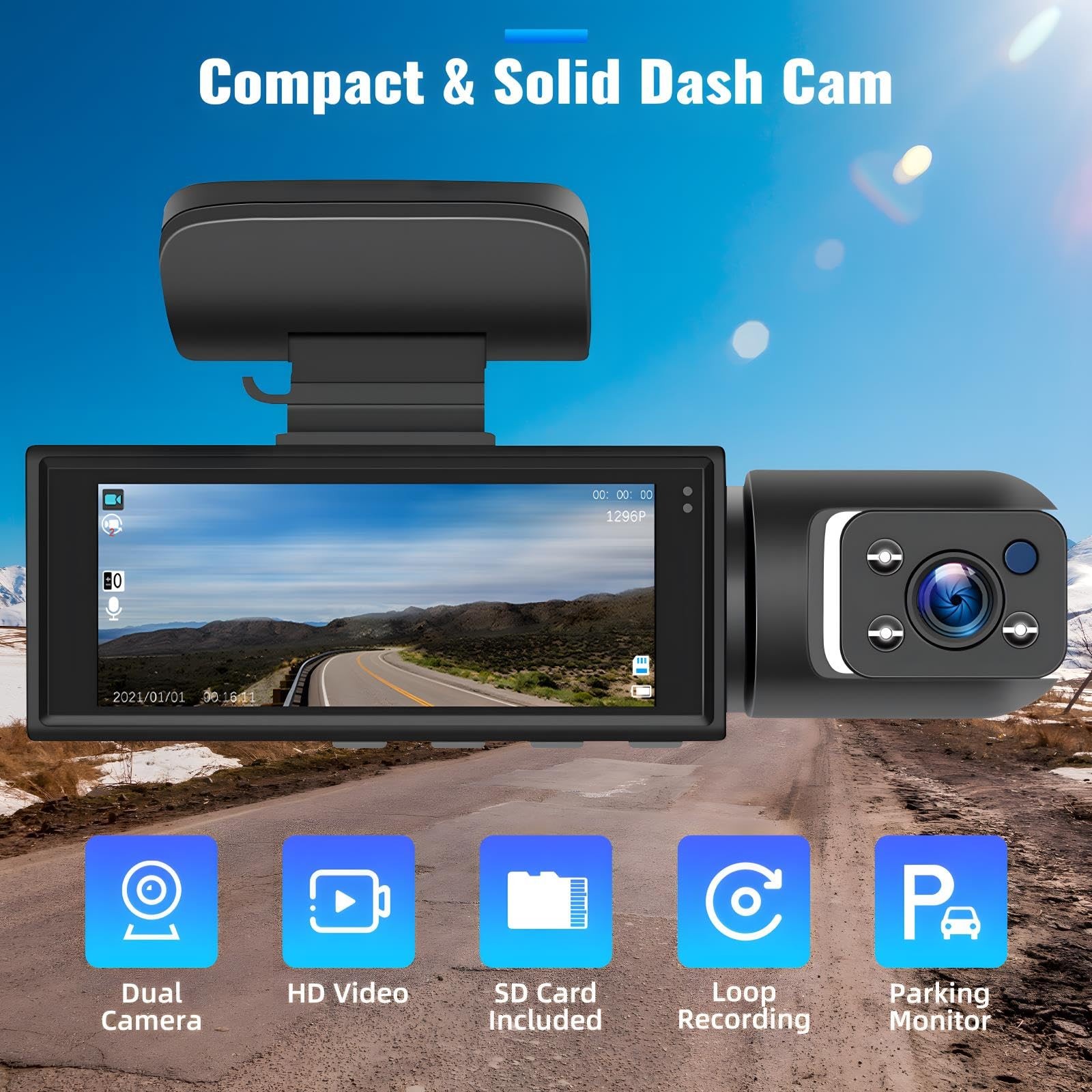 CAMECHO Dual Dash Cam 1080P Front & Inside, IR Night Vision, Loop Record, G-Sens