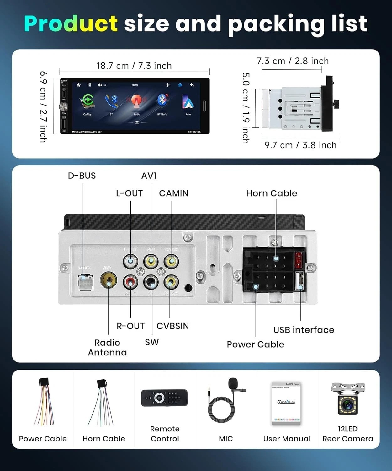 Single Din Car Stereo Head Unit Wireless CarPlay Android Auto Type-C FM