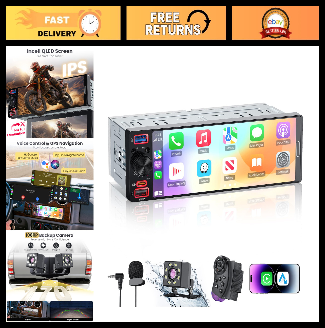 Single Din Car Stereo with 6.5” Touchscreen, Apple CarPlay, Android Auto, Blueto