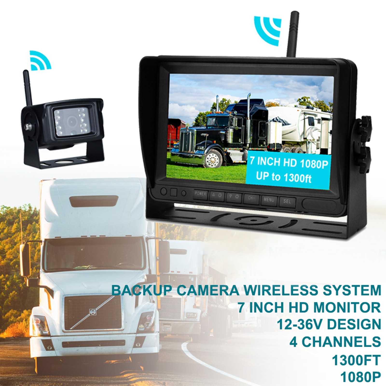 7″ Display Wireless AHD 1080P 1CH Rear View Backup Camera Kit for Truck Trailer