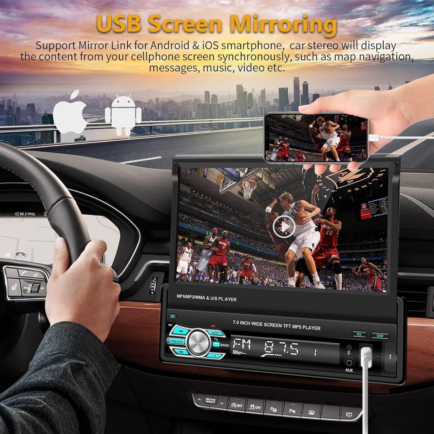 Single Din Carplay Car Stereo with Bluetooth AHD Backup Camera 7 Inch Display