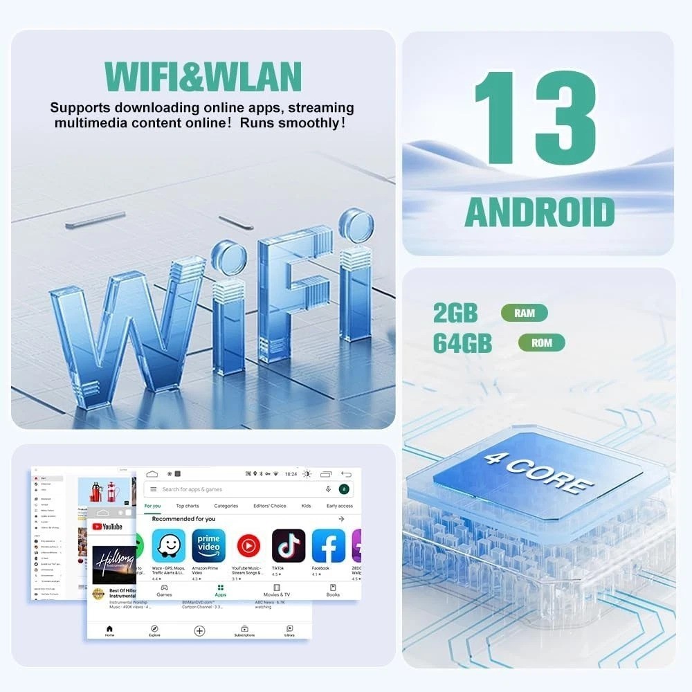 Advanced 10.1 Inch Car Multimedia System, Android 13, Wi-Fi, and Safety Features