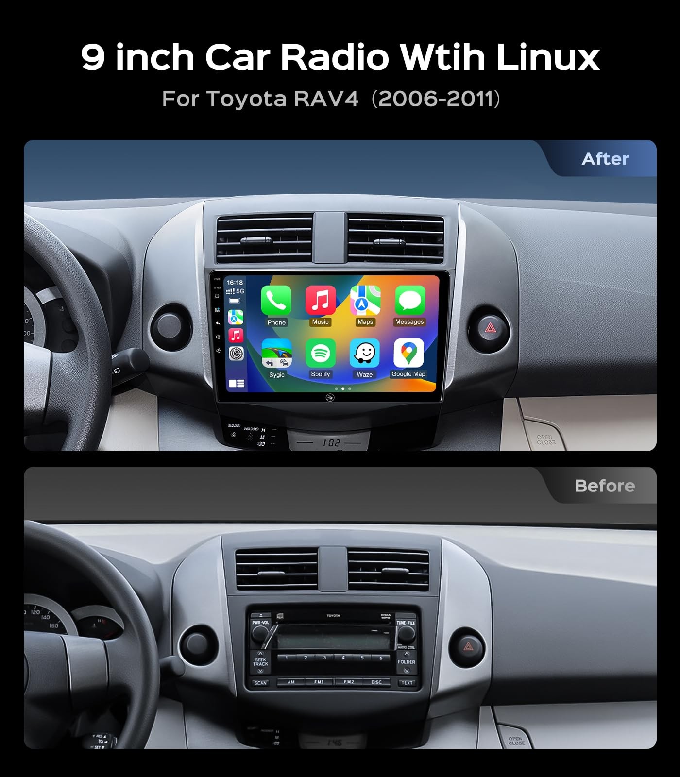 9″ Touchscreen Wireless Carplay & Android Auto Stereo for 2006-2011 Toyota RAV4
