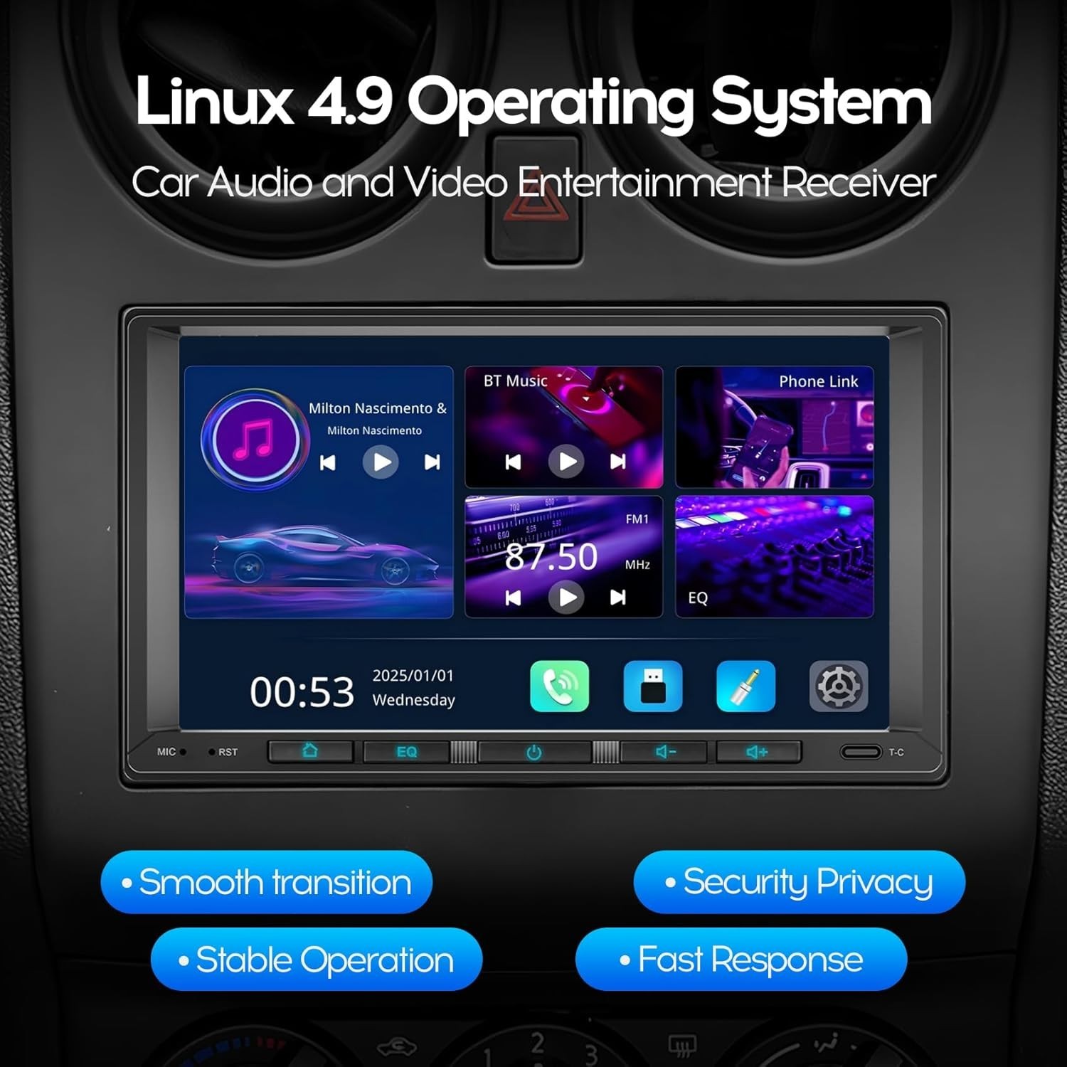 7″ Double DIN Android Auto Carplay Stereo with Linux OS, SWC, and Backup Camera