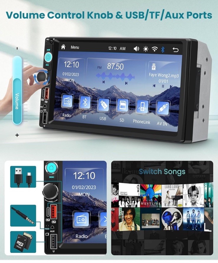 Double Din Car Stereo with Wireless Carplay & Android , 7 Inch HD Touch back up