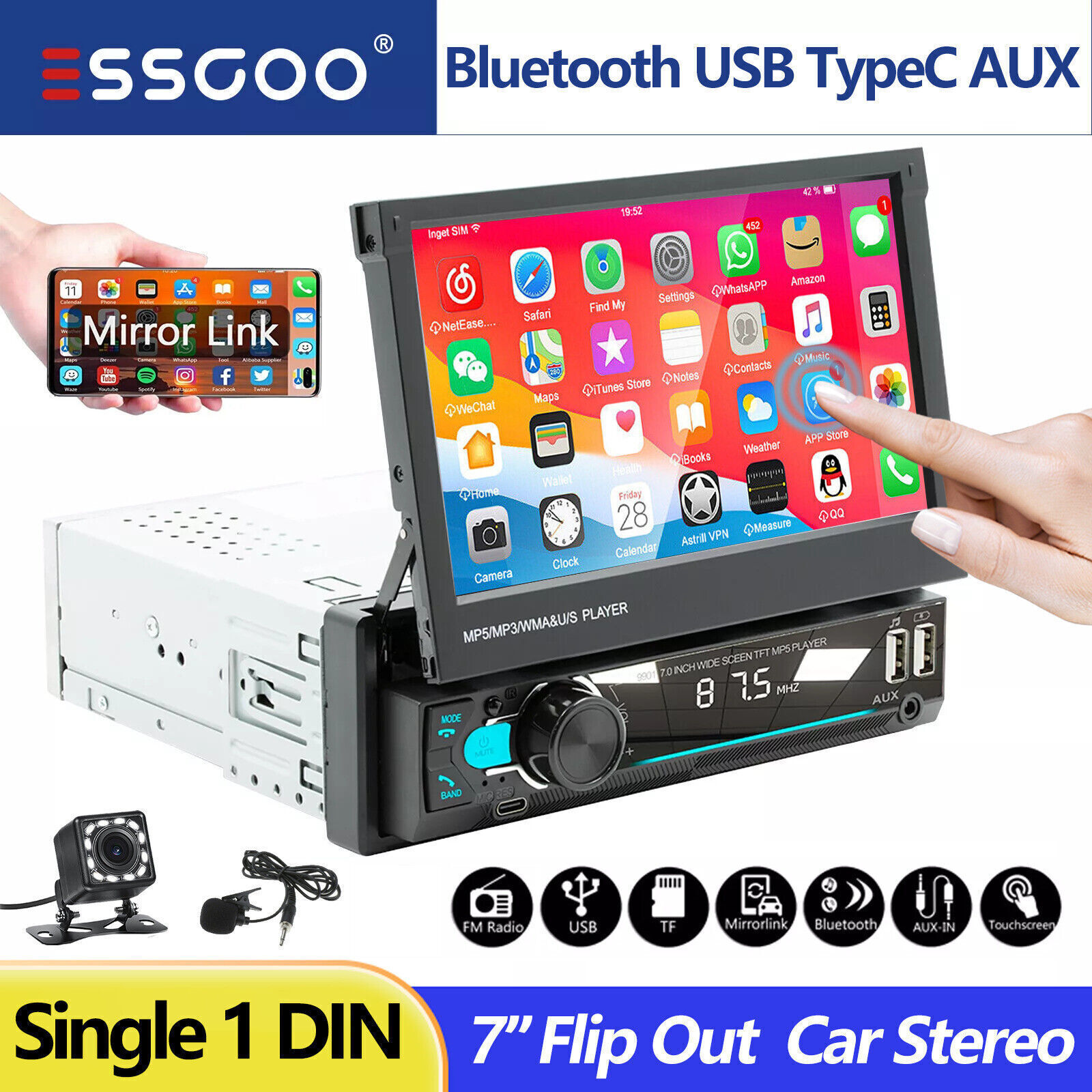 Single 1Din 7″ Flip Out Car Radio Stereo Bluetooth GPS Sat Nav Head Unit +Camera