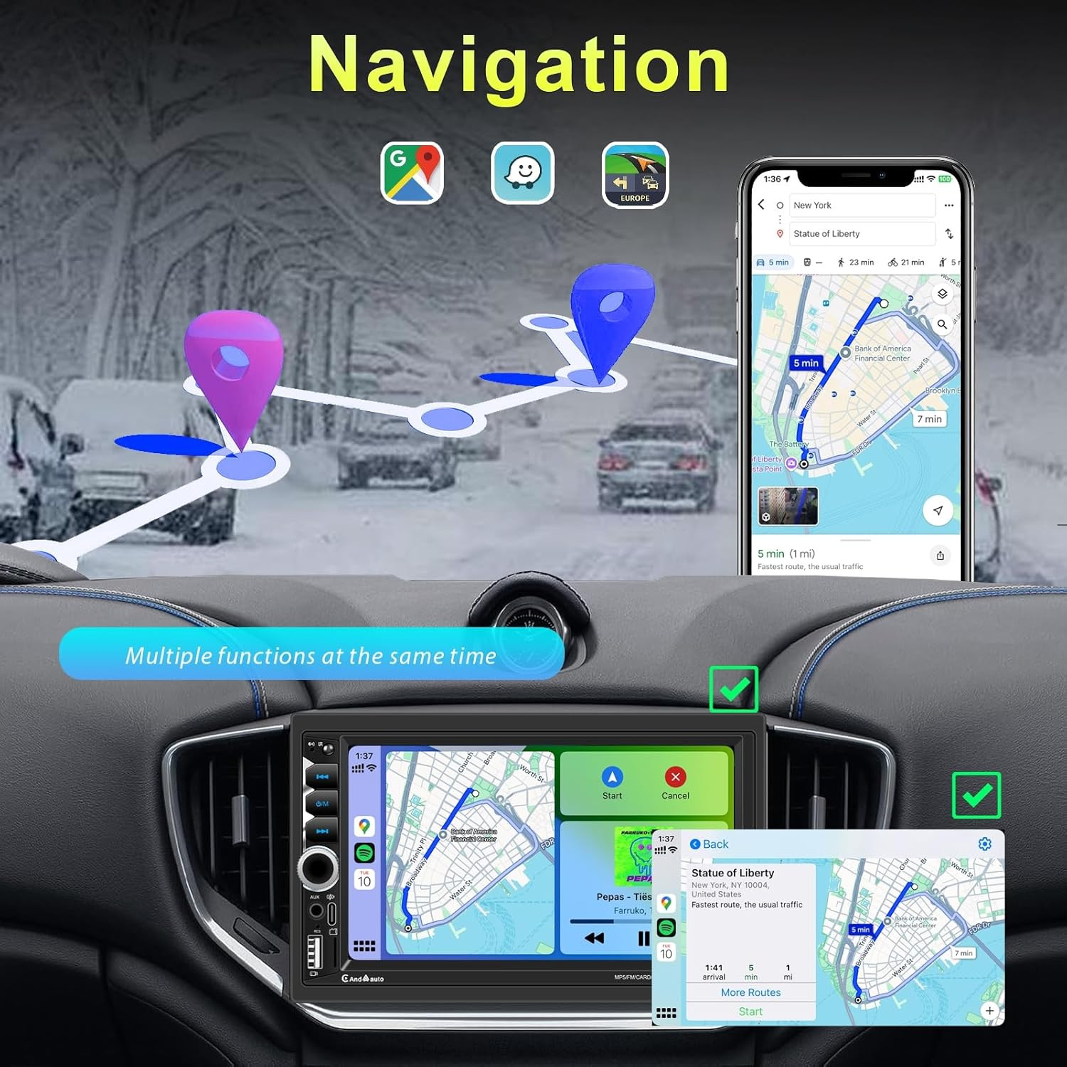 Wireless Apple Carplay Double Din,7″ Car Bluetooth 5.2,FM Car Radio,Ips 1024*600