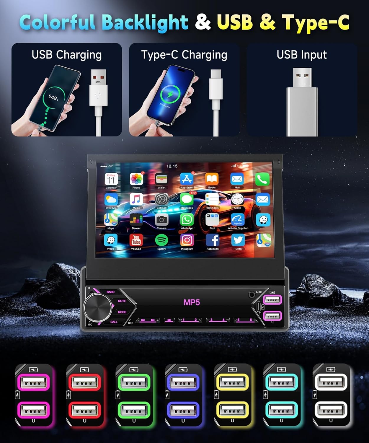 Radio estéreo para coche 1 DIN, pantalla táctil abatible, reproductor MP5,USB,BT