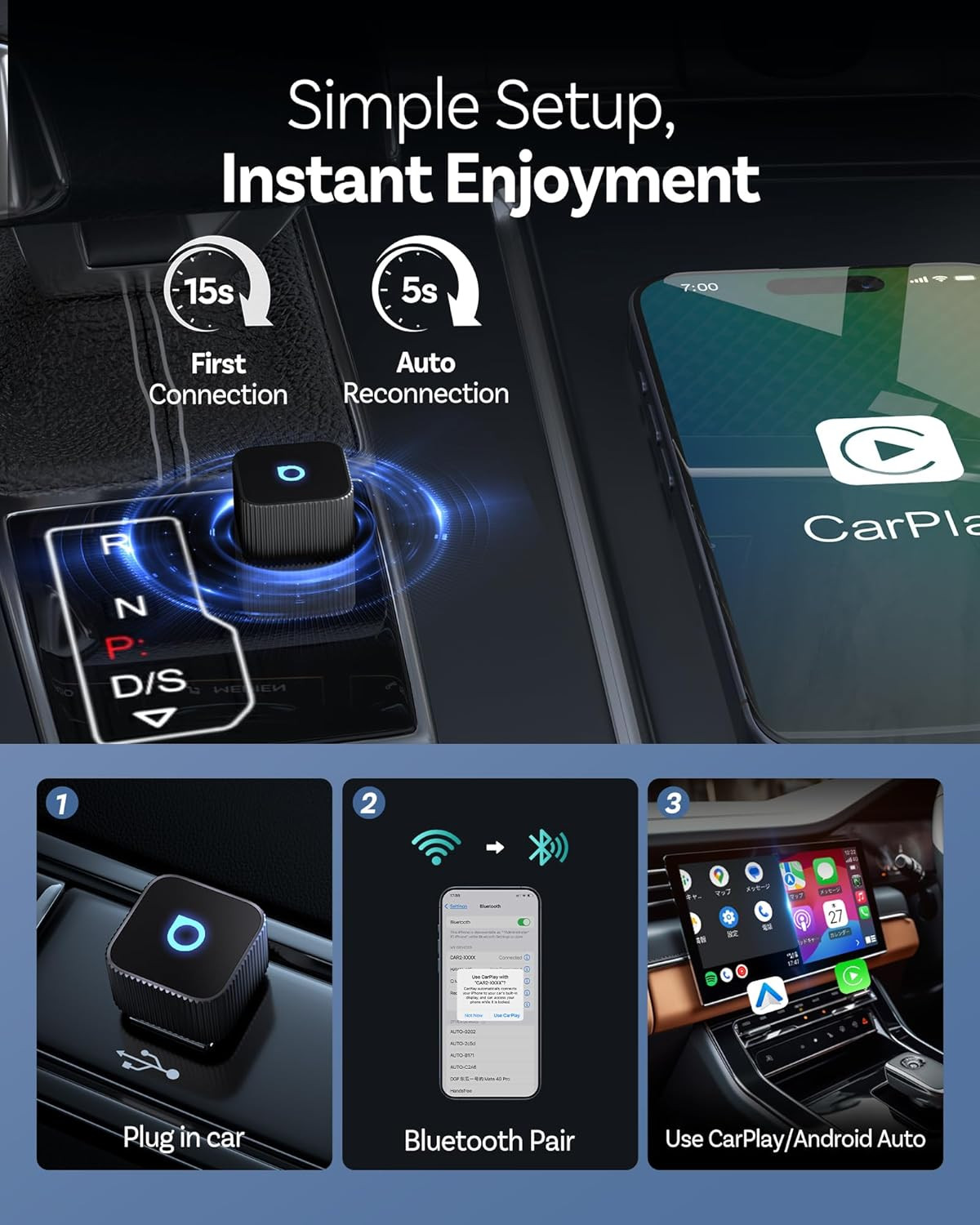 OTTOCAST Mini Slim Wireless CarPlay & Android Auto Adapter, USB-A/USB-C Dual Por