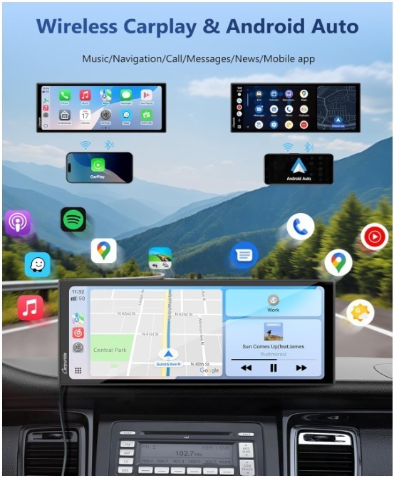 11.26″ Portable CarPlay & Android Auto Touchscreen with 4K Dash Cam