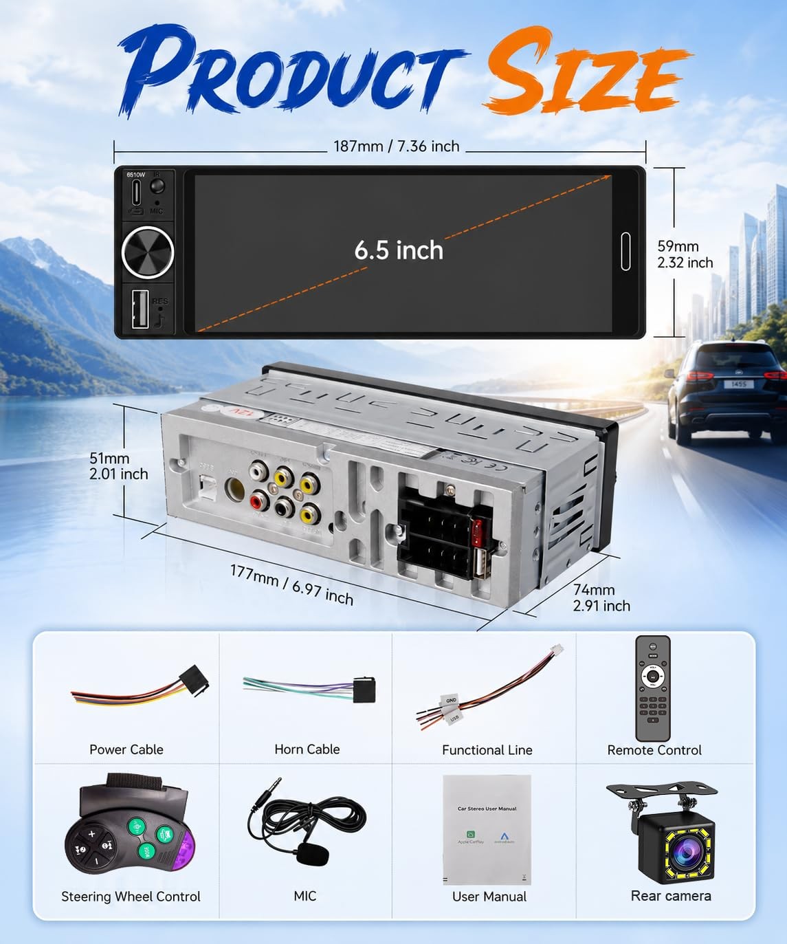 6.5″ Wireless Single Din Car Stereo with Apple CarPlay, 720×1280 HD in-Cell T…