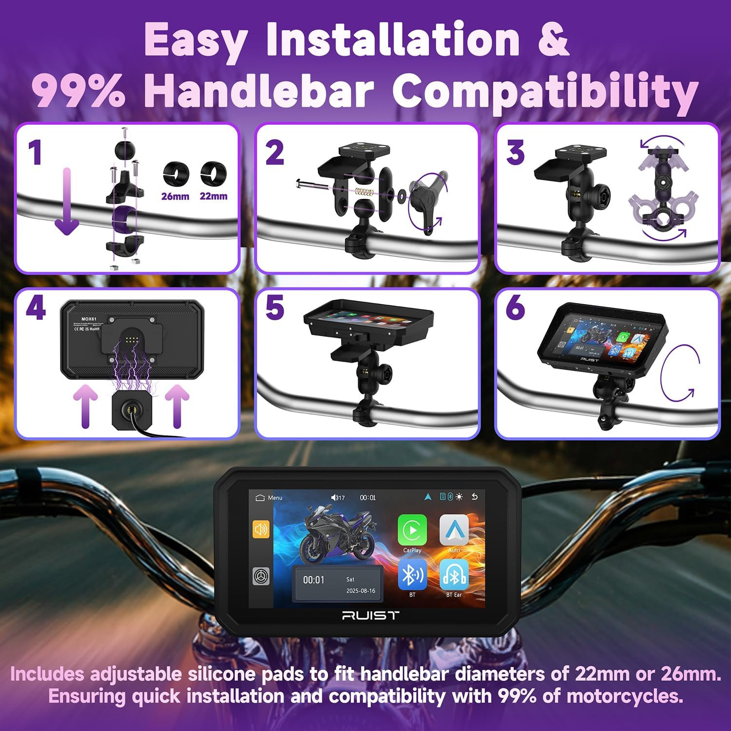 MOX61 Motorcycle Carplay HD Touchscreen 6.1″, Wireless Apple Carplay & Android A