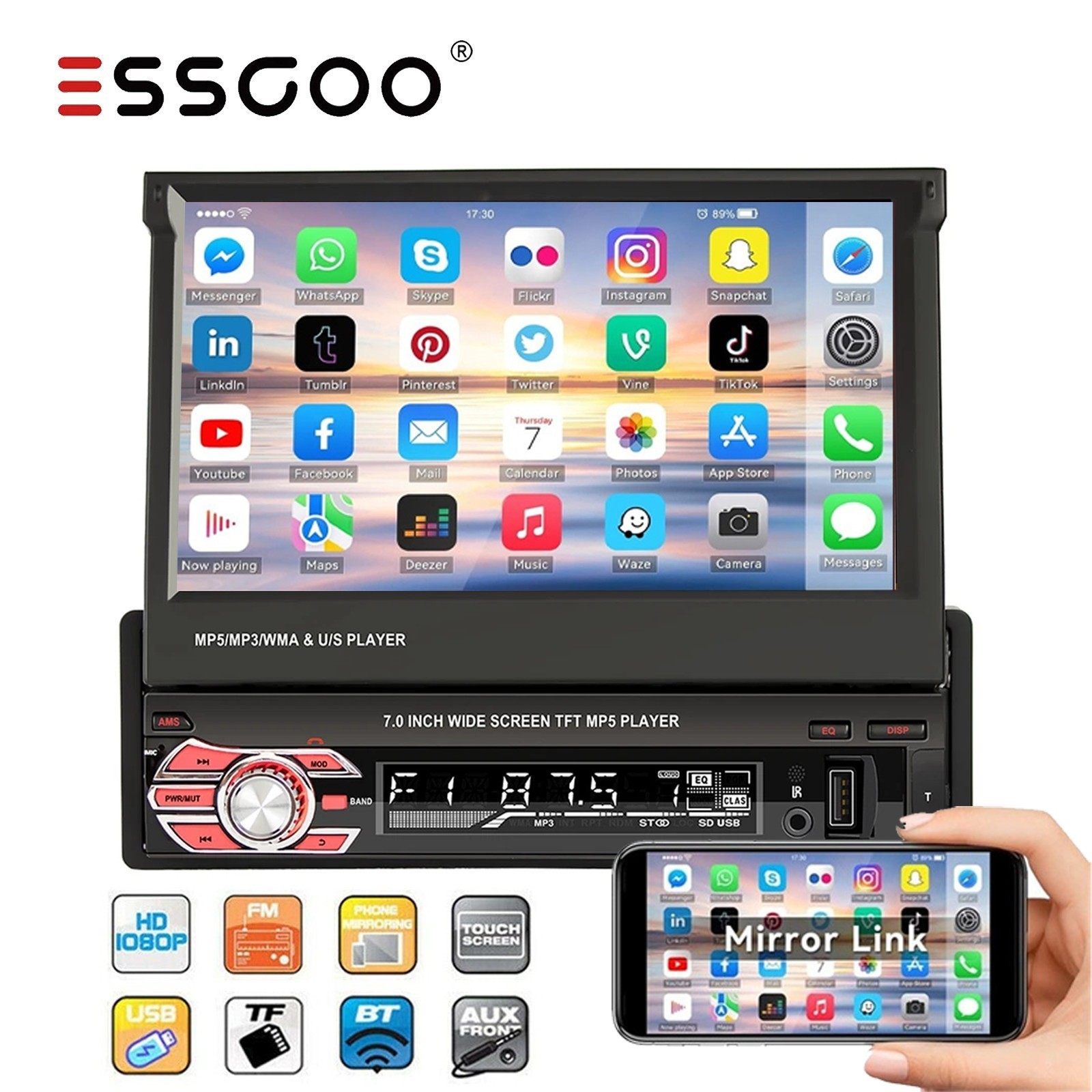 ESSGOO 7″ Single Din Car Stereo Wireless CarPlay Android Auto Radio Bluetooth FM