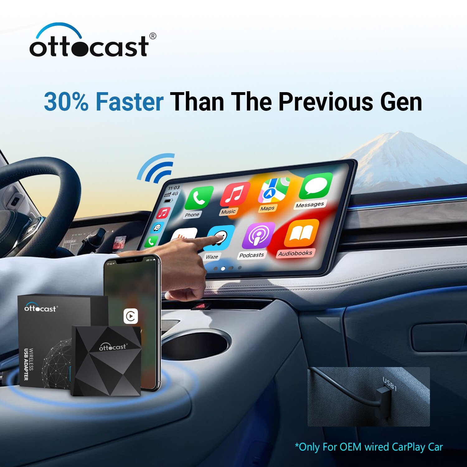 Ottocast Wired to Wireless Carplay Adapter U2 AIR, Navigation Player for iPhone