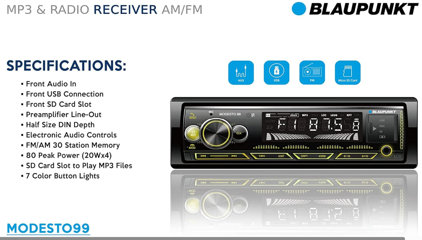 Blaupunkt MODESTO99 Single DIN Car Stereo Bluetooth Receiver with USB Aux Input