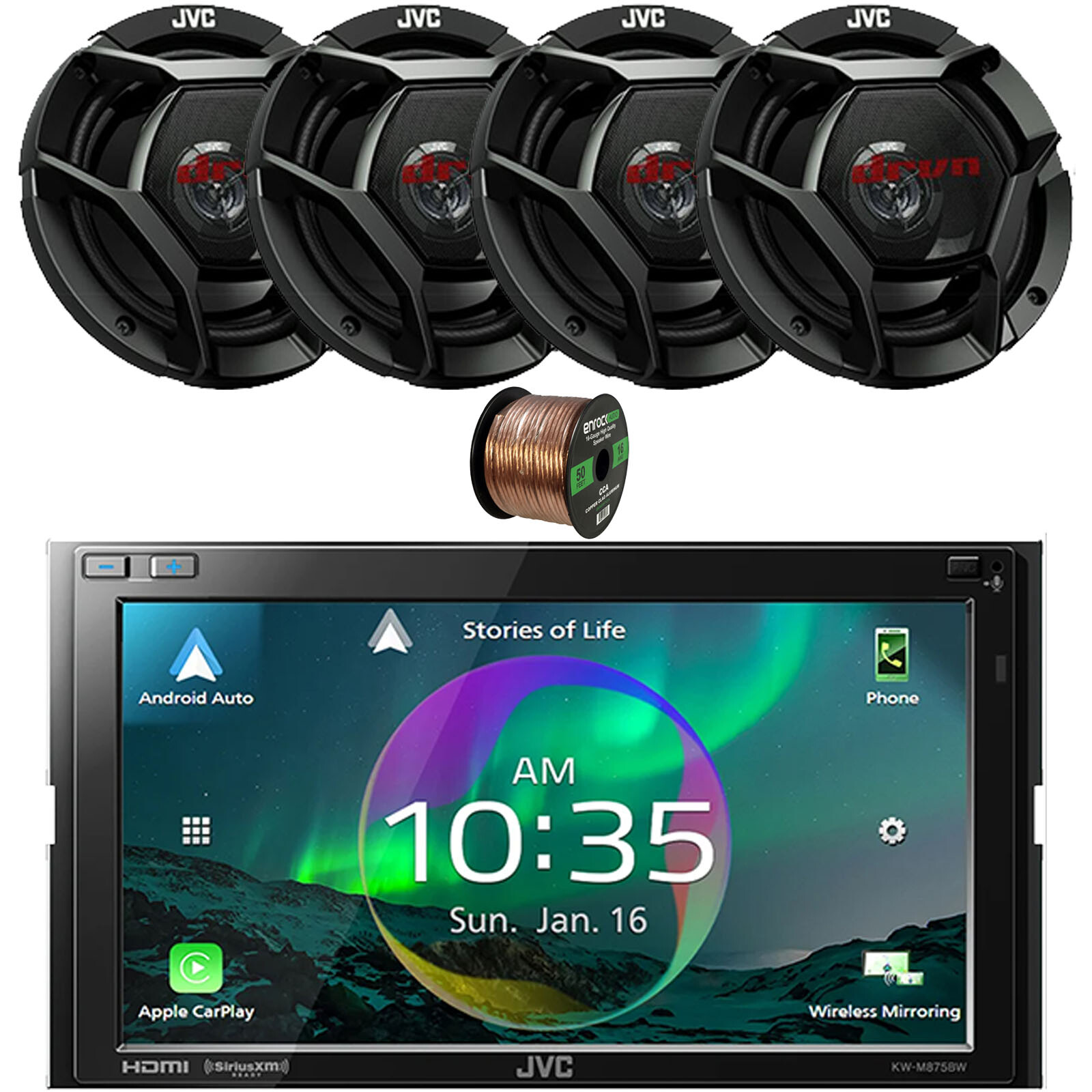 JVC 6.8″ Touchscreen Bluetooth HDMI/WiFi Car Radio, 4x 6.5″ 300W Speakers, Wire