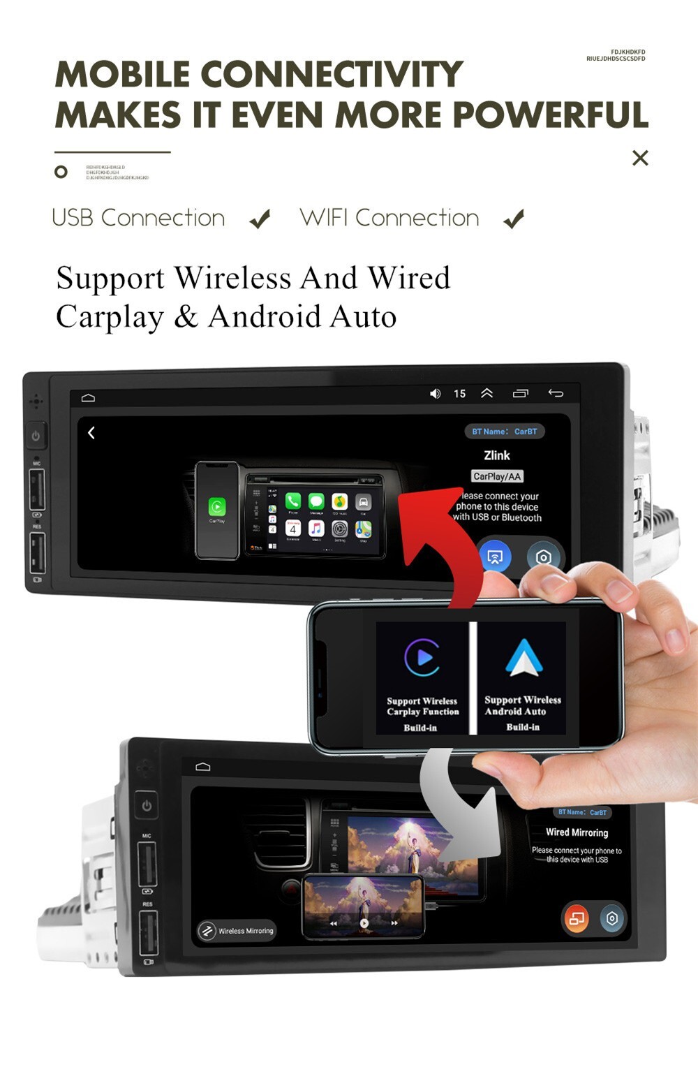6.8in Car MP5 Player FM Radio AUX For Carplay Fit For 1997-2001 Jeep Cherokee