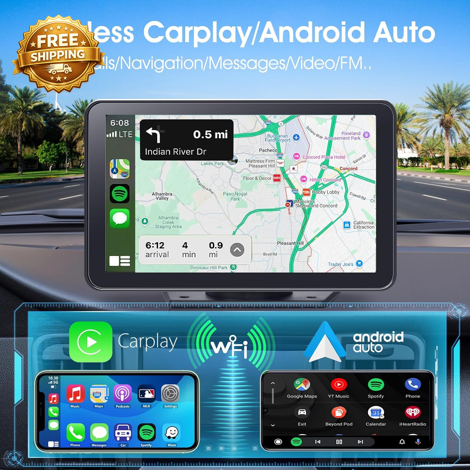 Wireless Screen for Car 7″ Portable Stereo Touchscreen with Apple Android Auto
