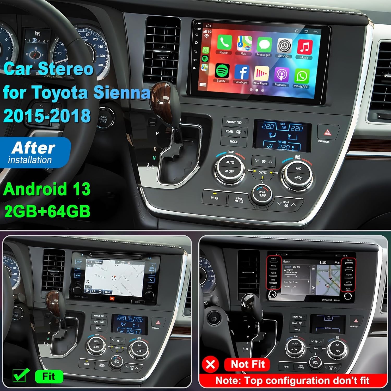 For Toyota SIENNA 2015-2020 Android 13 Car Radio Stereo GPS Navi WIFI BT FM RDS