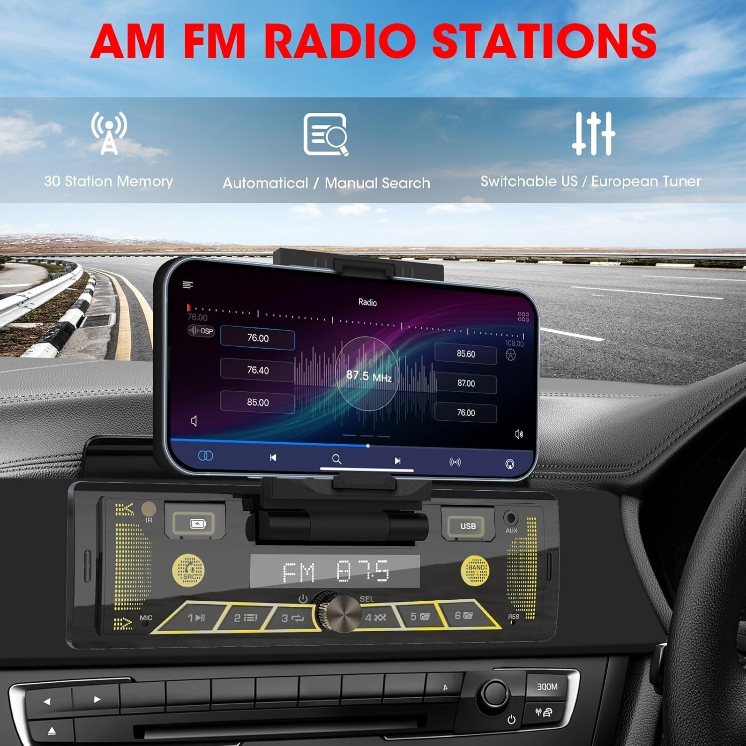 Single-Din Stereo with Car Phone Holder – Bluetooth Car Radio – Push to Talk …