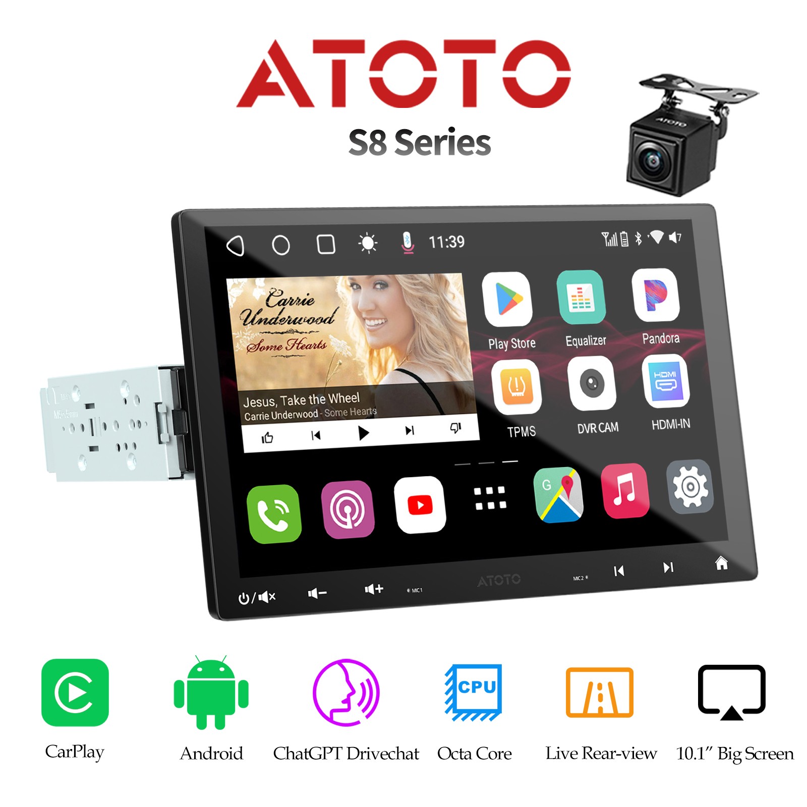 Backup Camera+ATOTO S8 MS 10″ 1 DIN Car Stereo Radio Android GPS Tracker 2BT
