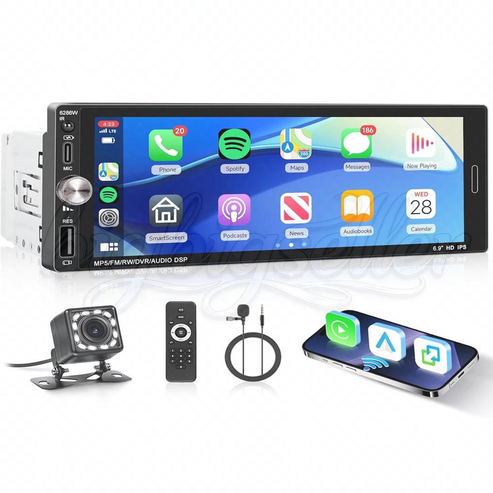 Single 1 Din Car Stereo Wireless CarPlay 6.8″ Touchscreen Bluetooth Radio FM USB