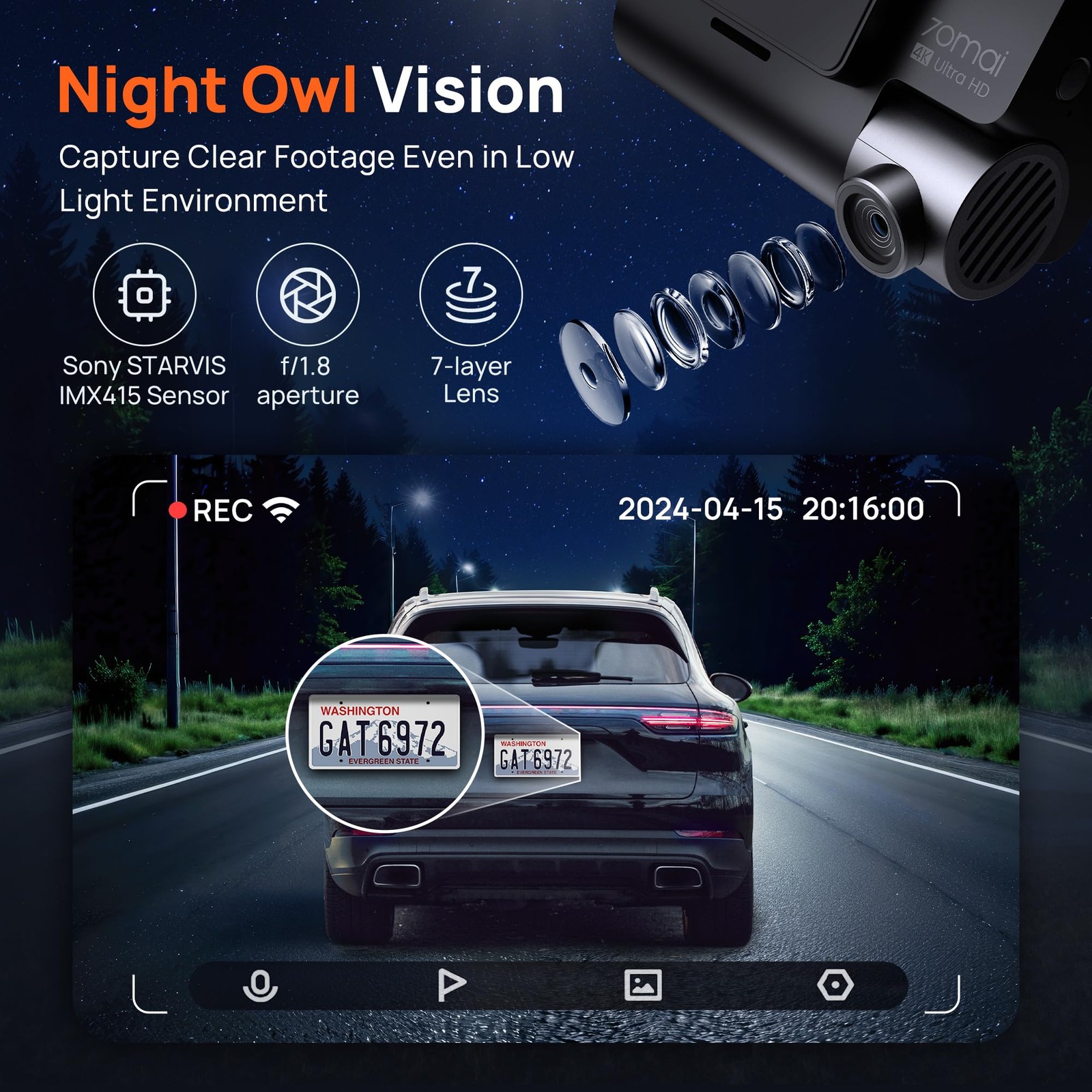 70mai 4K Dash Cam Front&Rear, STARVIS, 5GHz WiFi, GPS, ADAS, Parking Monitor