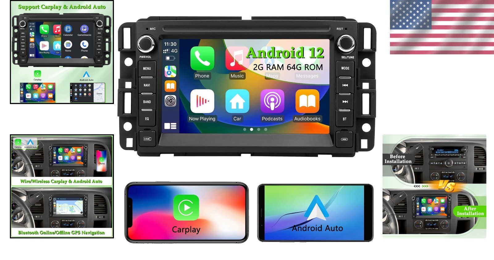 7 Inch Android 12 Car Radio for Chevrolet with Built-in GPS & CarPlay