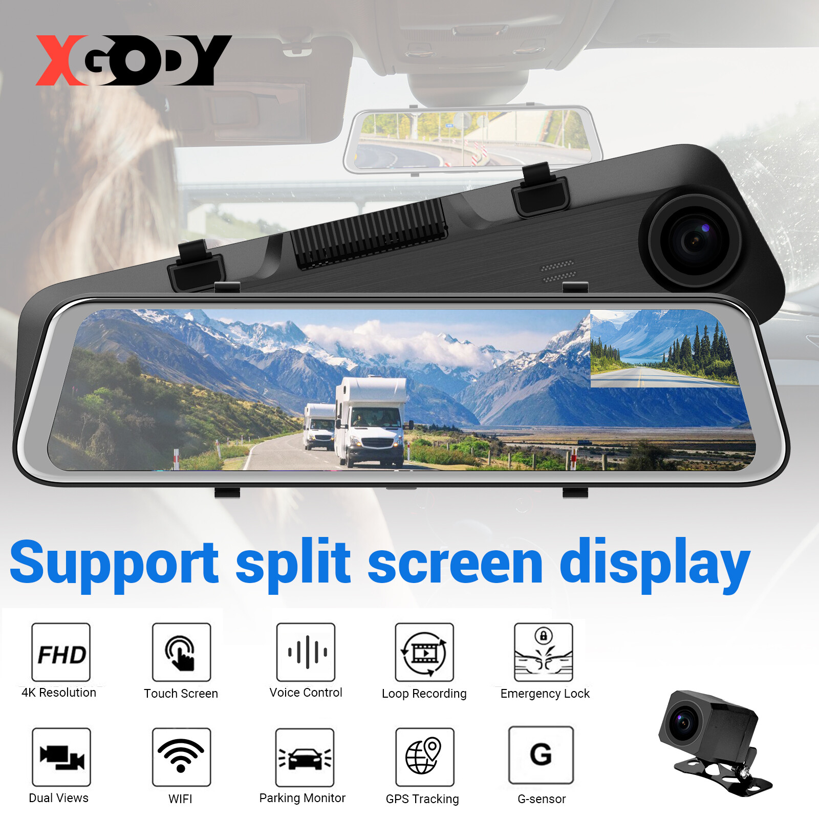 Rearview Mirror Dash Cam 4K 12″ Car DVR Dual Lens Front and Rear Camera GPS Wifi