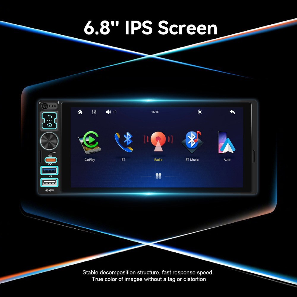 Single Din Car Stereo Wireless Apple CarPlay 6.8 touchscreen Bluetooth Radio USB