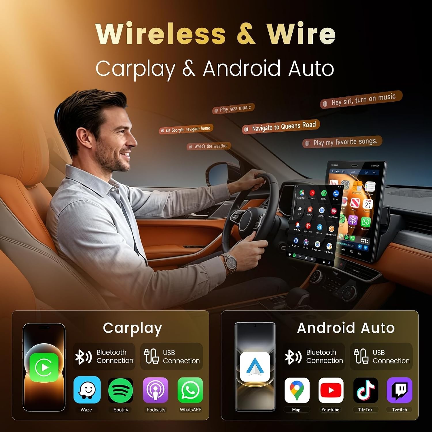 9.5″ Single DIN Car Stereo Wireless CarPlay Android Auto Bluetooth Camera