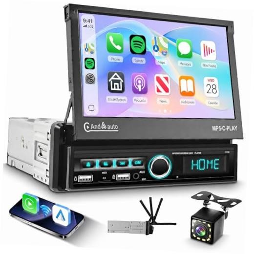 Single Din Car Stereo with Wireless Carplay Android Auto, 7″ Automatic&FM/RDS