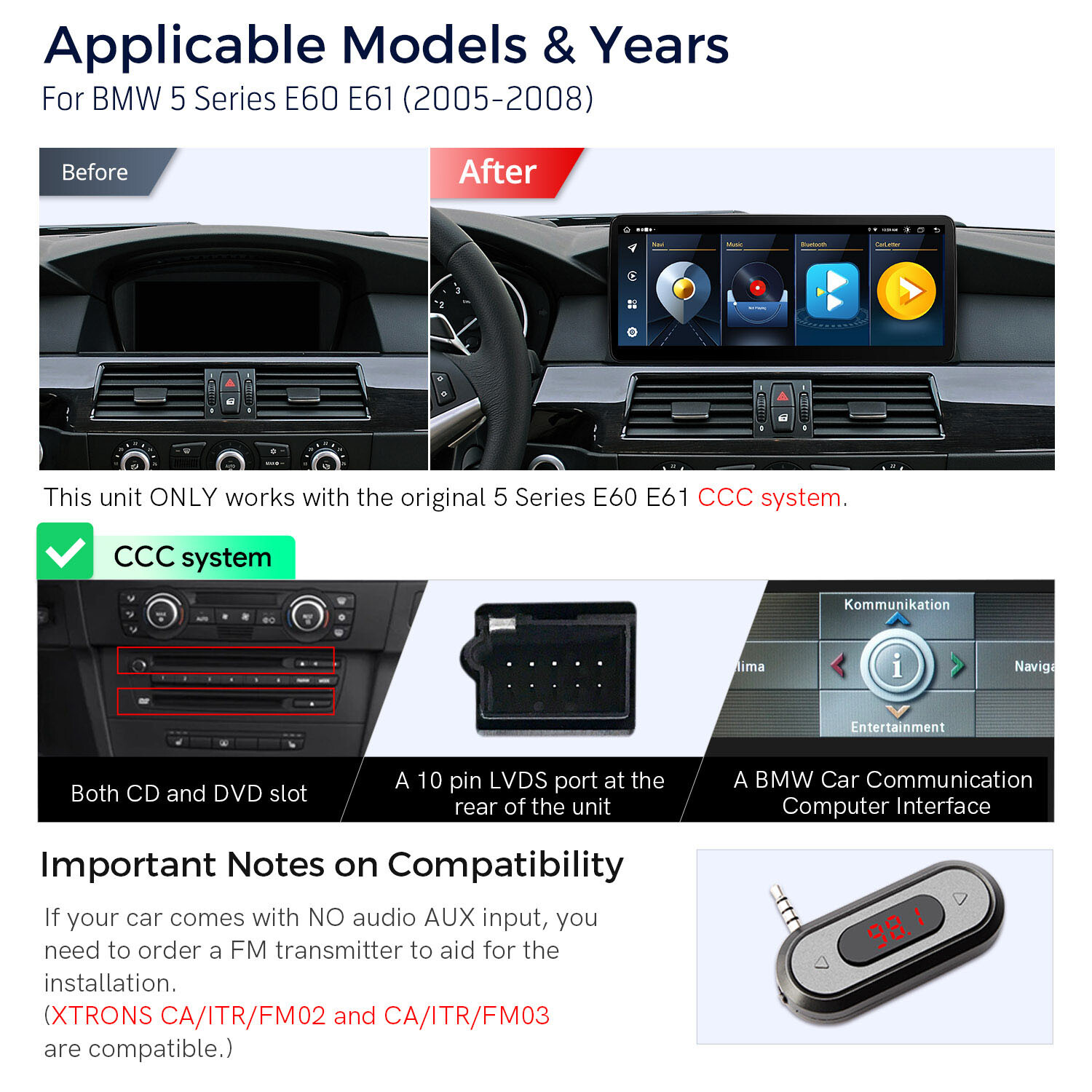 12.3″ IPS Android 13 4G WIFI Car GPS Stereo CarPlay WiFi For BMW 5er E60 E61 CCC