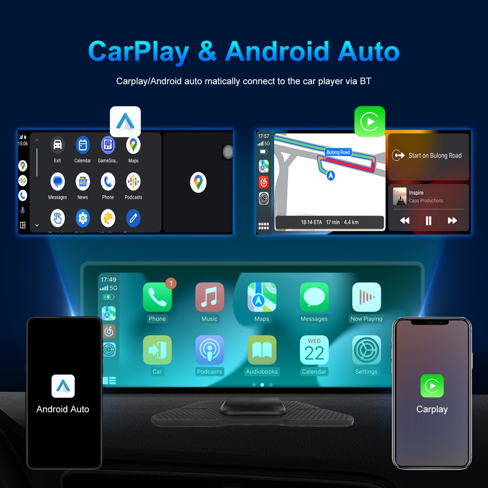 10.26″ Touch Screen Wireless Apple Carplay Portable Car Stereo Android Auto Cam