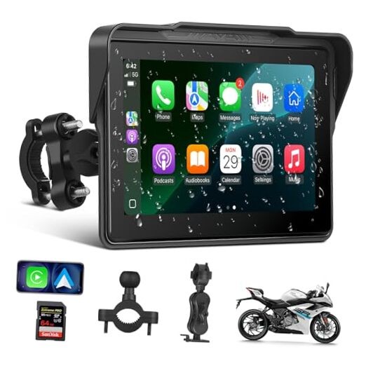 Motorcycle CarPlay Screen 7″, Waterproof GPS Display for Motorbike, Dual Mount